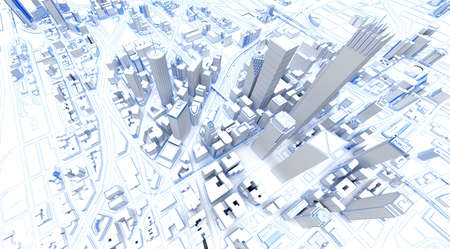 white low poly modern downtown above view. 3d rendering