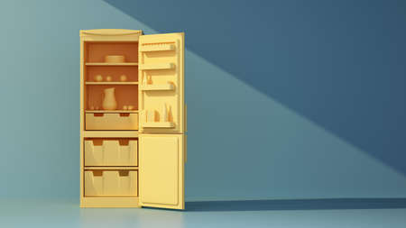 open yellow refrigerator on blue background with copy space. 3d rendering
