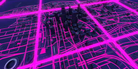 Violet neon square over dark city aerial view. 3d renderingの写真素材