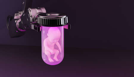 robotic arm holds capsule with an embryo with black copy space. 3d renderingの写真素材