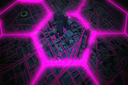 Violet neon hexagon wire shape over dark city above view. 3d renderingの写真素材