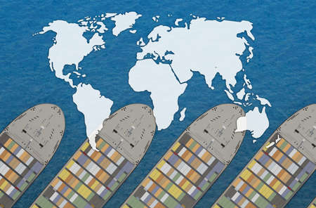 earth map mockup on group container ship on sea top view with copy space. 3d rendering