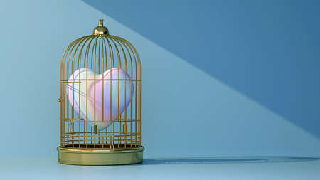 golden bird cage with heart in a ray of light. 3d rendering