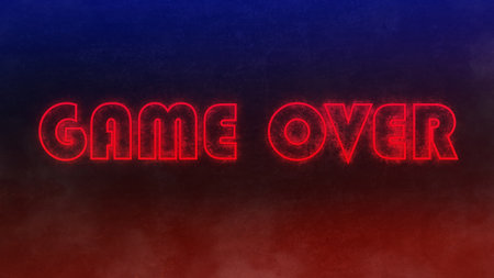 red neon text game over on black concrete wall. 3d renderingの写真素材