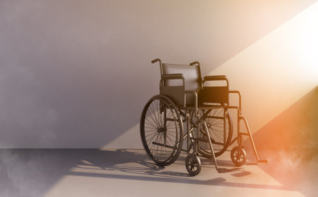 black wheelchair in beam of light. 3d renderingの写真素材