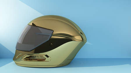 golden motorcycle helmet on blue background. 3d rendering