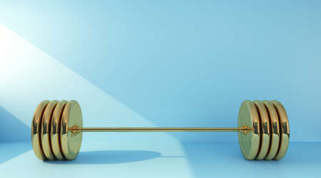 golden barbell on blue background with copy space. 3d renderingの写真素材