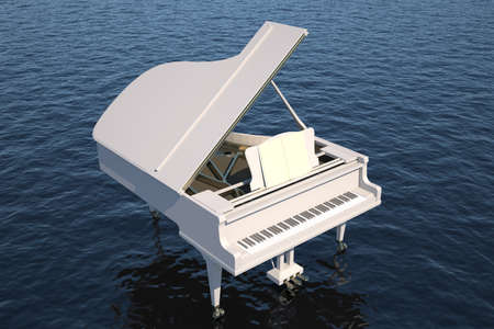 white piano in the ocean above view. 3d rendering