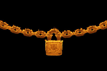 burning padlock with chain isolated on black. 3d renderingの写真素材