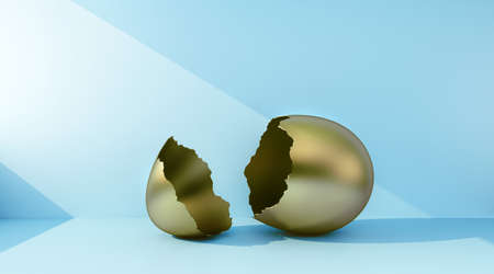 empty broken golden eggshell with ray light and copy space. 3d renderingの写真素材