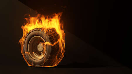 burning car wheel on black background with copy space. 3d renderingの写真素材