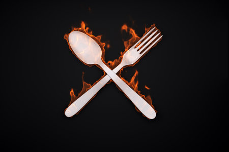 burning spoon and fork on a black background. 3d rendering