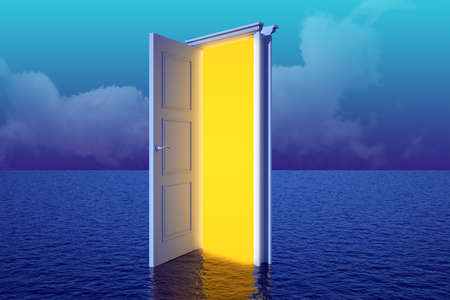 open door with yellow light in the sea. 3d rendering
