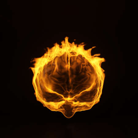 burning brain on black front view. 3d rendering