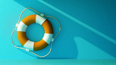 lifebuoy on blue wall with copy space. 3d renderingの写真素材