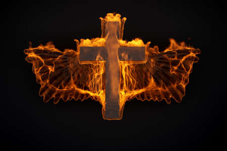 burning bird wings with black cross on a black background. 3d renderingの写真素材