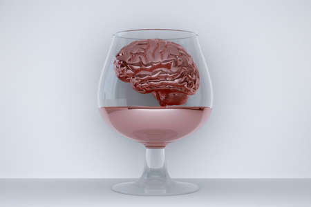 glass of wine with human brain inside. 3d renderingの写真素材