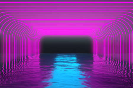 corridor of purple neon lines over the water. 3d rendering