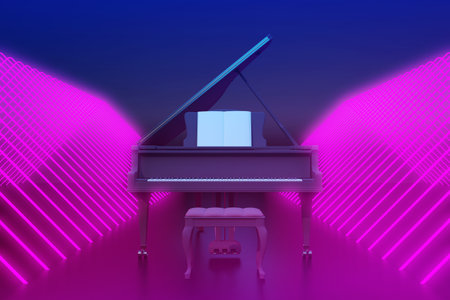 black grand piano in purple neon hallway. 3d renderingの写真素材