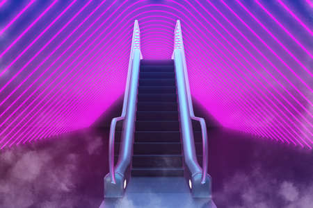 escalator up in purple neon corridor. 3d renderingの写真素材
