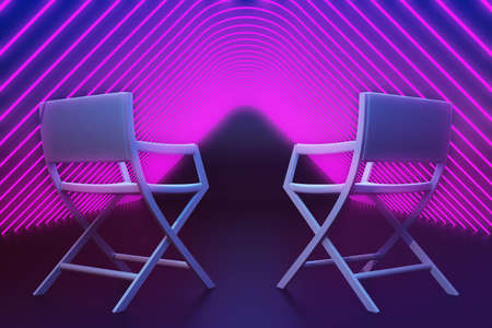 two empty chairs in a neon hallway. 3d renderingの写真素材