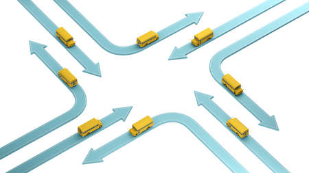 school buses on arrows of different directions isolated on white. 3d rendering