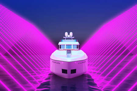 yacht in purple neon light night view with copy space. 3d renderingの写真素材