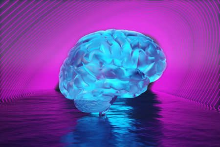 human brain in purple neon corridor. 3d renderingの写真素材