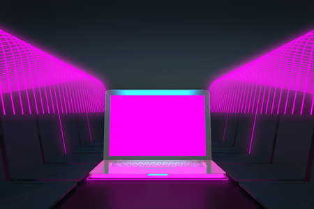 laptop with purple display in purple neon lines. 3d rendering