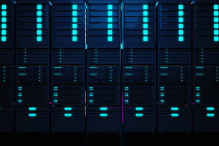 row of dark servers close up front view. 3d rendering