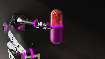 futuristic robot hand holding pill in purple light. 3d rendering