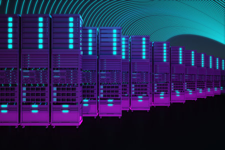 row of dark servers in neon lighting. 3d rendering