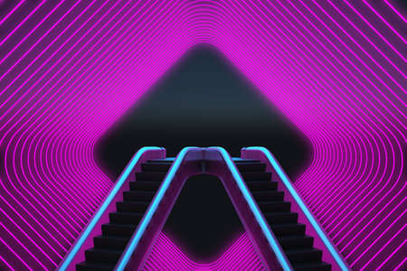 two stairs in neon corridor with copy space. 3d renderingの写真素材