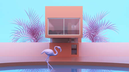 minimalistic modern private house exterior in pink with flamingos. 3d rendering