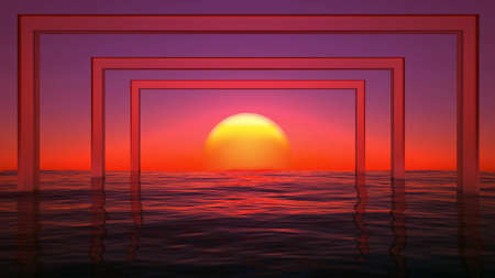 glossy rectangles in the sea at sunset. 3d rendering