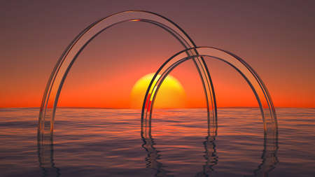 big and small glass arc in the sea at sunset. 3d renderingの写真素材