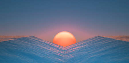 geometric surreal seascape with sunset. 3d renderingの写真素材