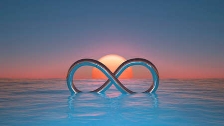 glass infinity sign in the sea horizon at sunset. 3d renderingの写真素材