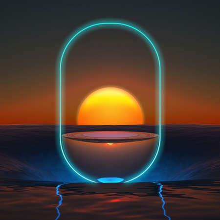 neon oval with a podium hovering over the sunset ocean. 3d renderingの写真素材
