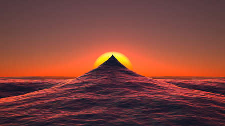 surreal water mountain at sunset. 3d renderingの写真素材
