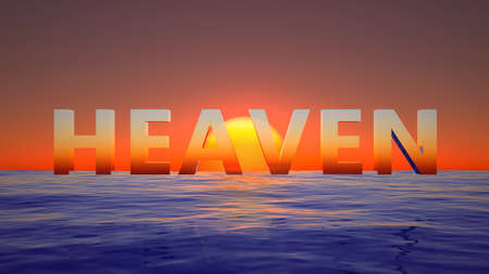 word heaven in the sea with birds at sunset. 3d renderingの写真素材