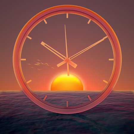 clock arrows on the background of the sunset in the sea. 3d renderingの写真素材