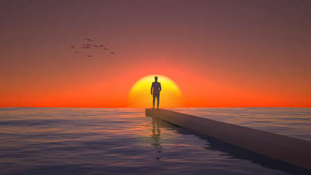 silhouette of a man from the back at sunset with birds. 3d renderingの写真素材