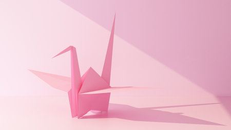 pink origami bird figurine illuminated by a beam of light on a pink background withcopy space. 3d renderingの写真素材