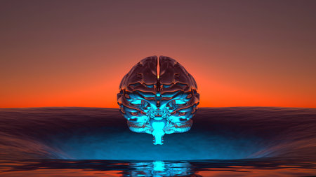 human brain front view hovering over the horizon of the sea at sunset. 3d renderingの写真素材