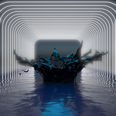 splash of black liquid in white neon lines illumination. 3d renderingの写真素材