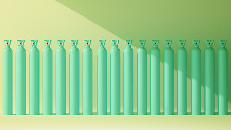 row of green oxygen tanks along the wall. 3d renderingの写真素材