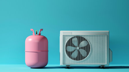 pink tank for refilling freon next to the air conditioning system with copy space. 3d rendering