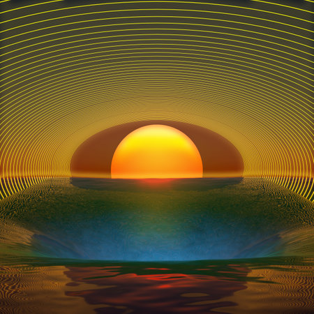 futuristic background with neon corridor at sea sunset. 3d renderingの写真素材