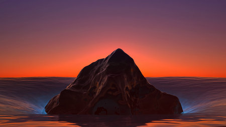 fantastic landscape with a black block in the sea at sunset. 3d renderingの写真素材